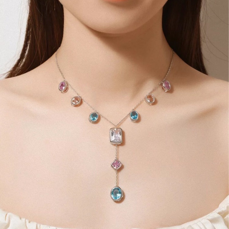 - Beautiful Silver Necklace With Multicolor Swarovski Elements
